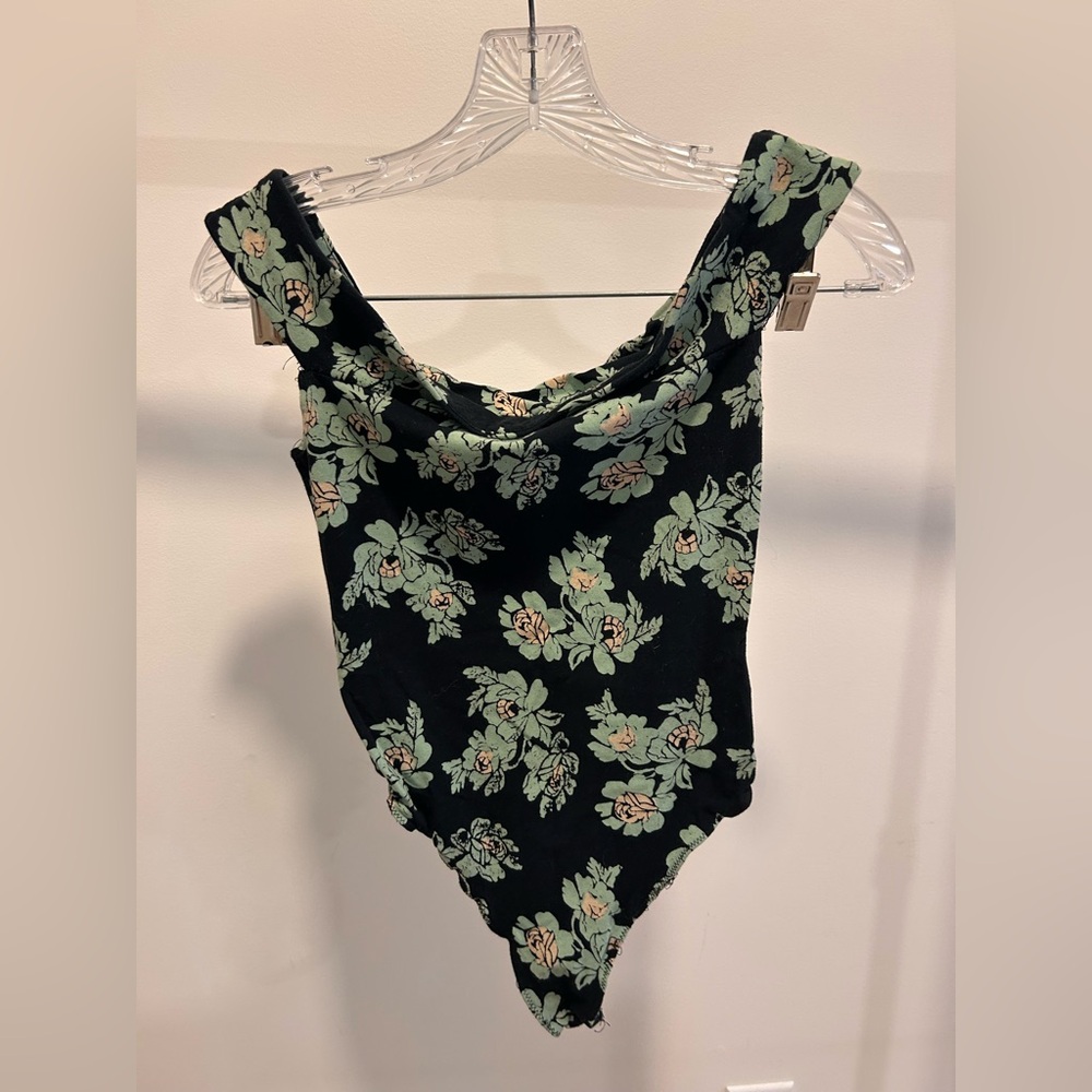 Free People Black and Green Floral Bodysuit